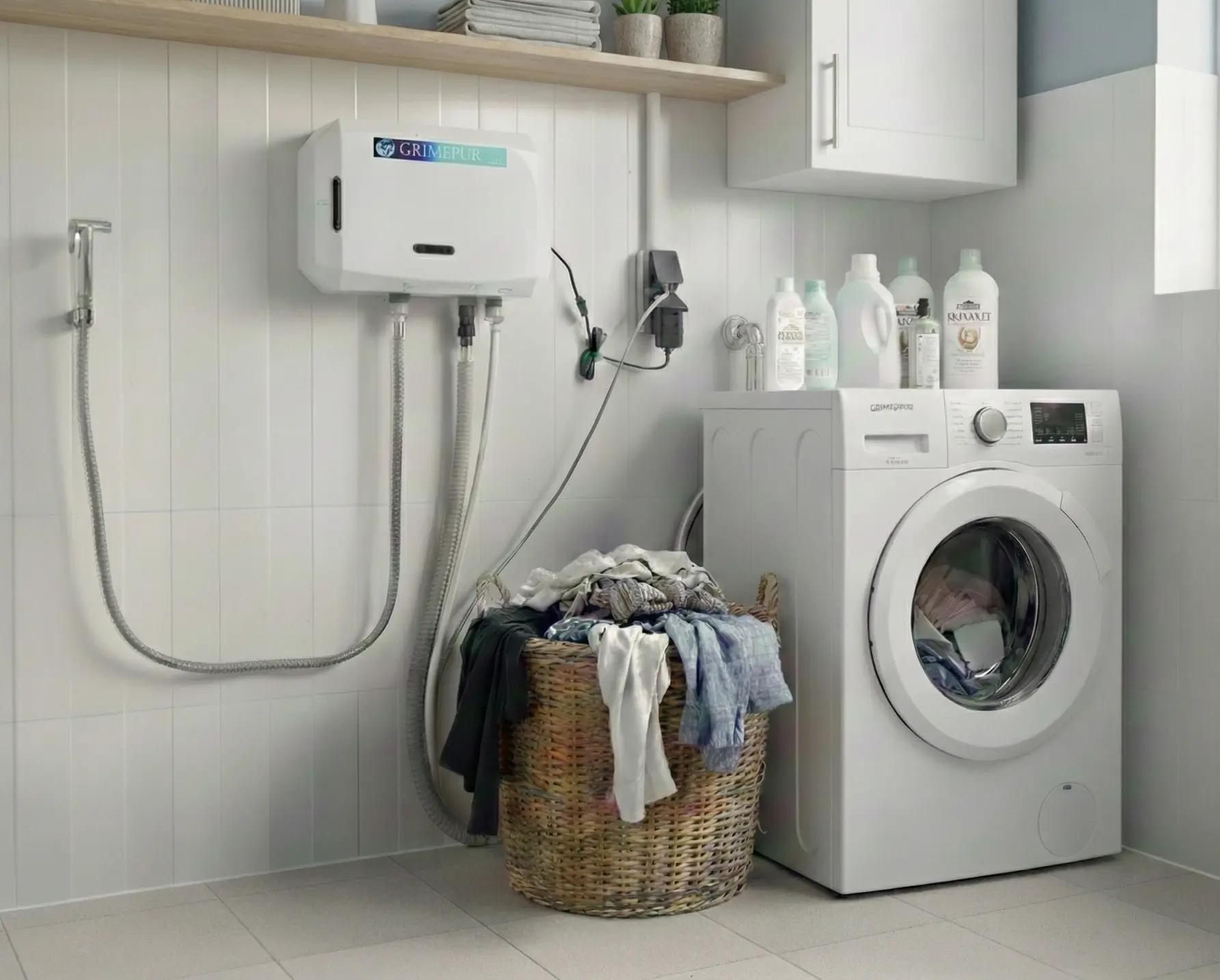 Laundry 400 instalado en la pared de un lavadero, junto a la lavadora