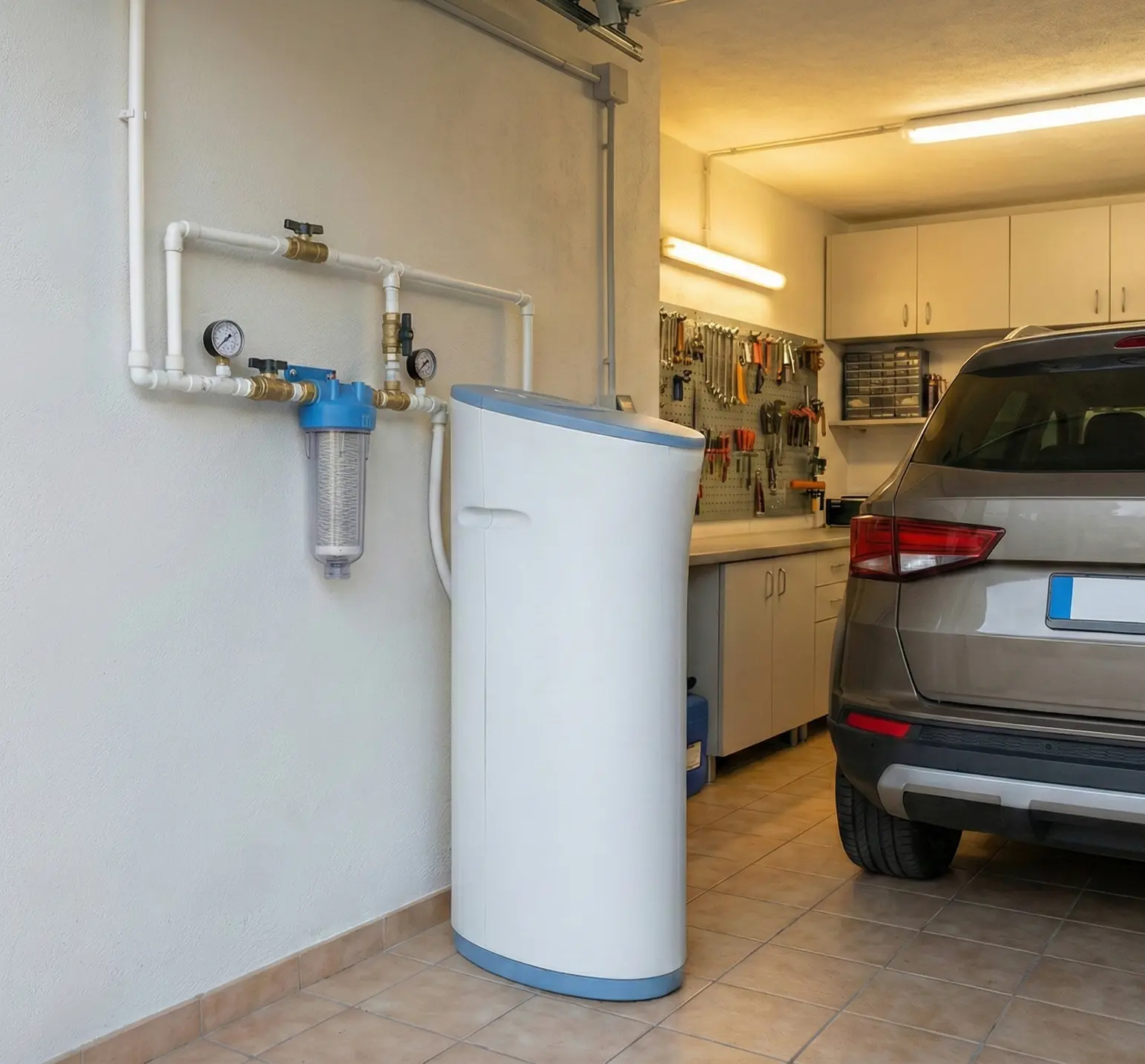Descalcificador instalado en el garaje de una vivienda, con prefiltro